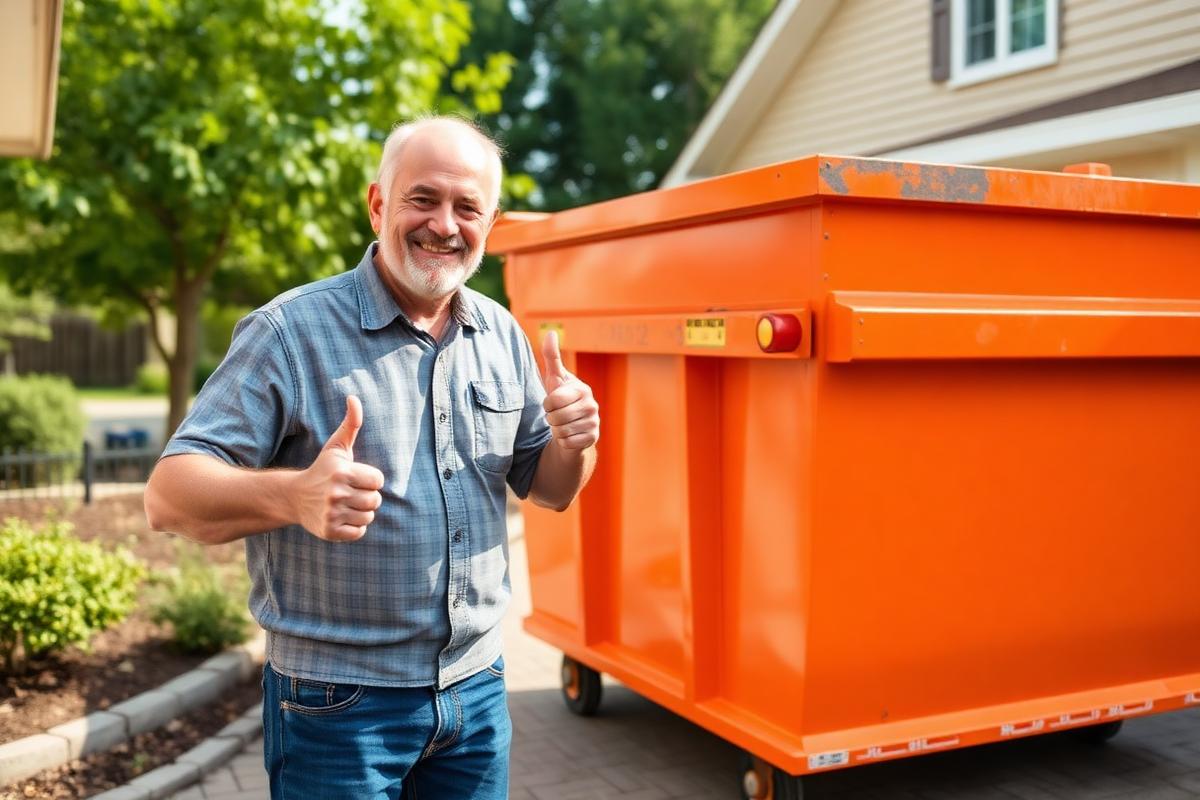 Happy customer next to Lawrencio Co. dumpster
